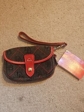 Dooney & Bourke Black Quilted Logo Wristlet with Red Trim